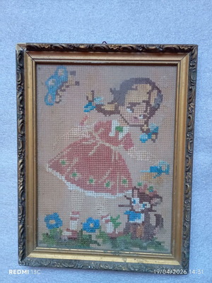 Vintage handmade embroidery framed art used, girl with cat