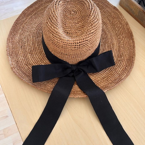 Camaïeu Raffia Sun Hat with Oversized Black Ribbon Bow New