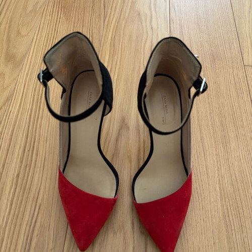 Zara suede pumps used, tricolor red, black, beige, ankle strap, 9cm heel