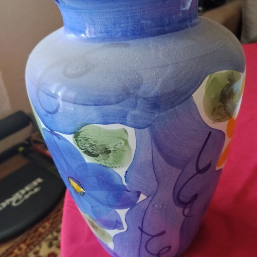 Large decorative ceramic majolica vase with colorful hand-painted flowers, Mediterranean style