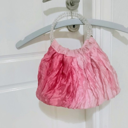Handbag pink fuchsia fabric with beaded handles