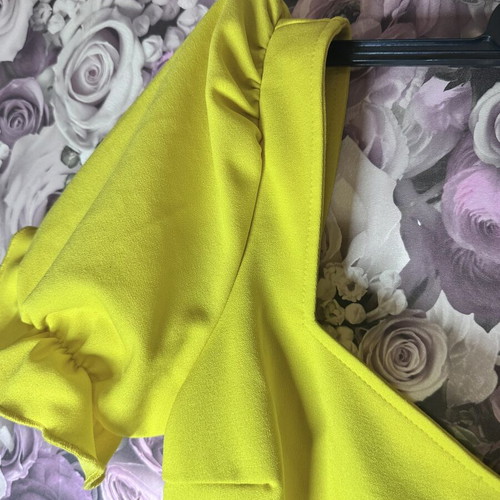Shein yellow blouse with V neckline and ruched sleeves
