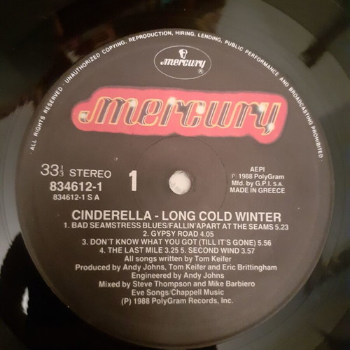 Cinderella Long Cold Winter LP album used, Greek pressing with insert