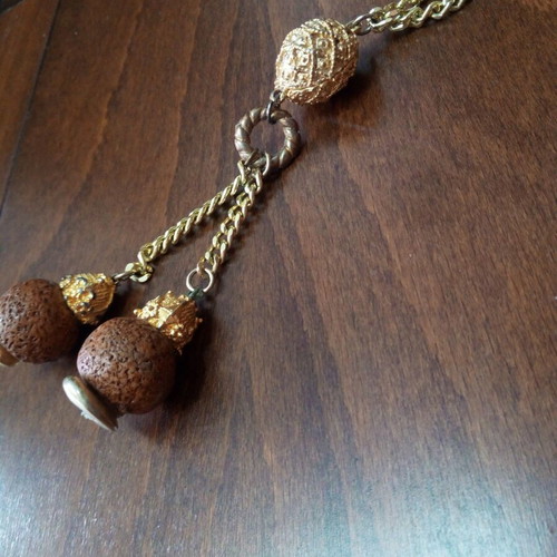 Lava stone pendant used, gold and brown talisman necklace