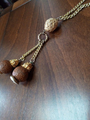 Lava stone pendant used, gold and brown talisman necklace