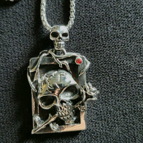 Gothic skull necklace new with red zircon