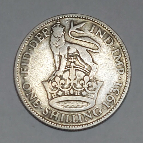 United Kingdom 1931 One Shilling coin used, silver 0.500