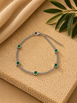 Silver bracelet with green stones emerald geometric design new