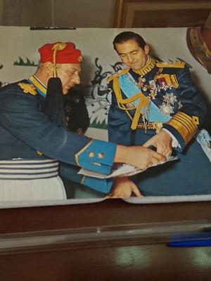 Collectible postcard of King Constantine with palace guard officer used