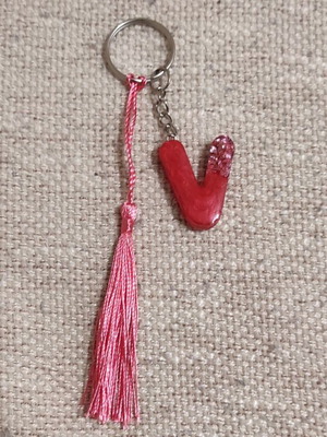 Handmade keychain with resin letter V and tassel