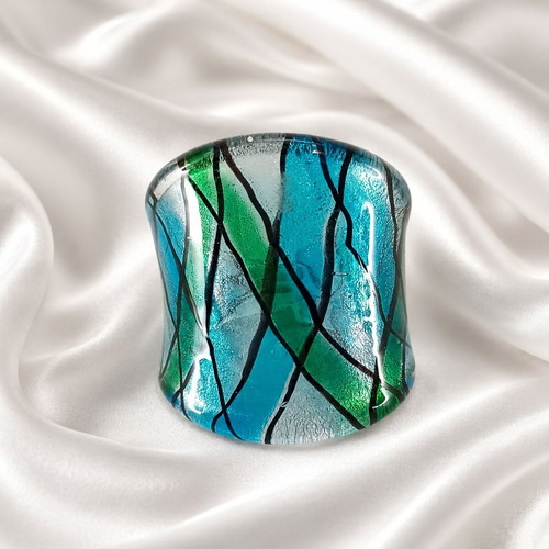 Handmade Murano style glass ring, size 53, blue and green