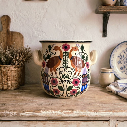 Vintage Handmade Greek Ceramic Vase Pot with Peacock Design, like new