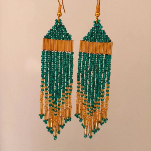 Handmade Emerald And Gold Tassel Earrings