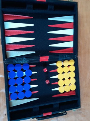 Backgammon case like new with dice, plastic 27×20