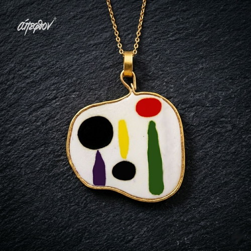 Joan Miro Necklace 1950 Lithograph, Handmade, Multicolor, Gold-tone