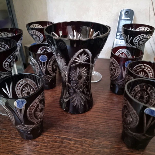 Crystal set of 6 glasses and vase with amethyst cut new