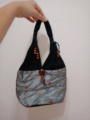 Y2K Boho Satin Bag like new, gray and black with wooden beads