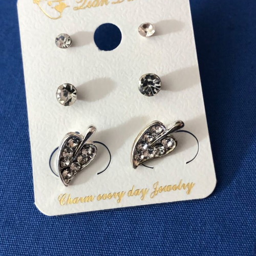 Silver Tone Rhinestone Stud and Leaf Earring Set new fashion jewelry