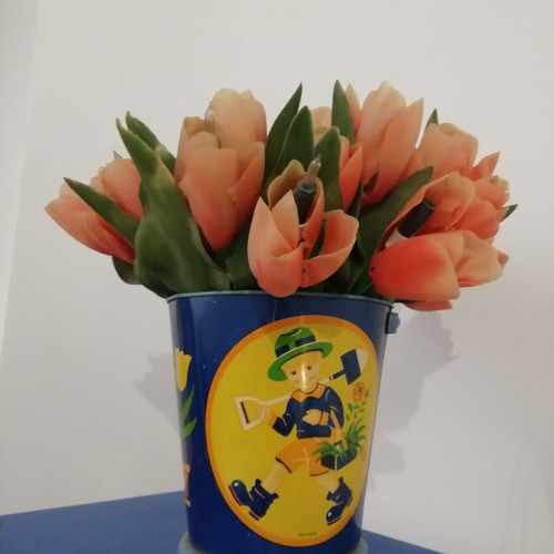 Vintage children's metal bucket used, colorful