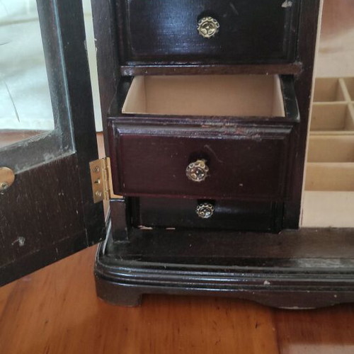 Jewelry cabinet used, wooden with wind-up music box