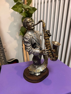 Vintage Jazz Saxophonist Figurine on Wooden Base like new