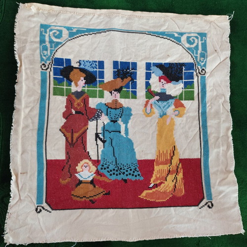 Vintage handmade tapestry embroidery with three women and child, Art Nouveau style