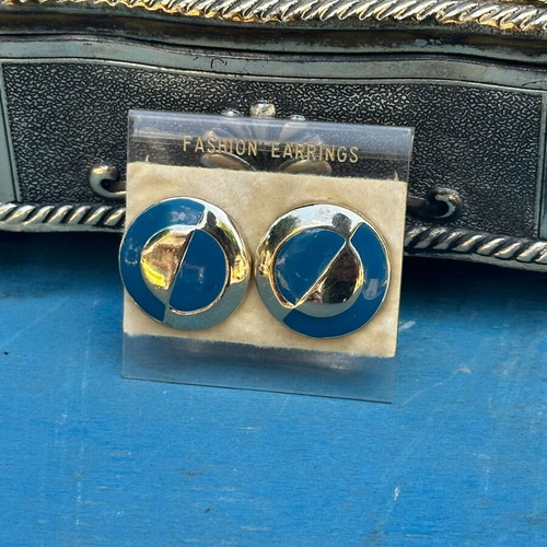 Vintage stud earrings blue and gold round 2.5 cm used