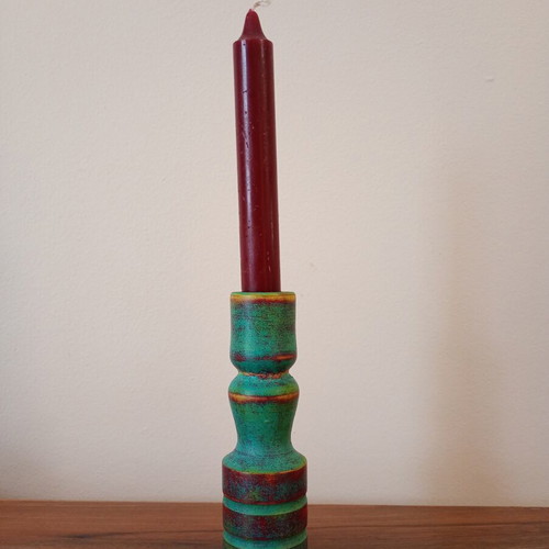 Wooden handmade candlestick painted with chalk colors, new, 15 cm