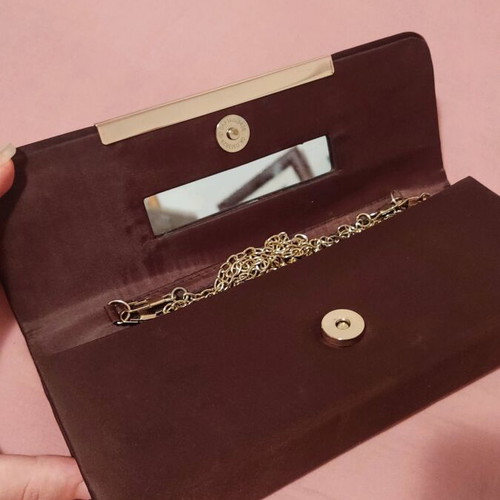 Satin clutch bag new, brown with gold detail and chains