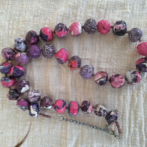 Long handmade bow tie necklace in purple and pink