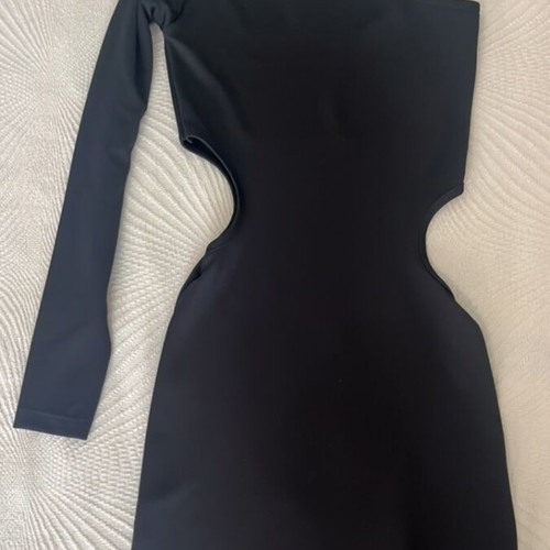 Black mini fitted dress with one sleeve and cutouts like new