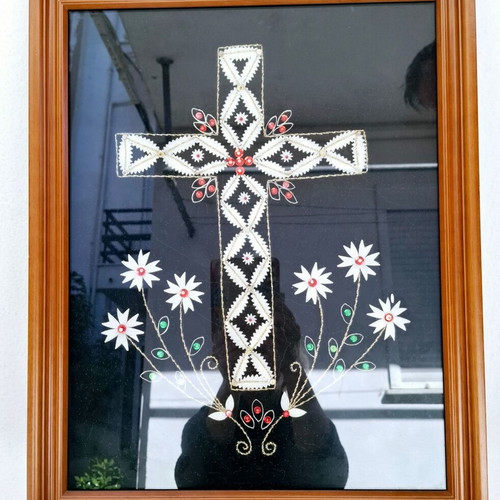 Framed handmade cross from silkworm cocoon like new
