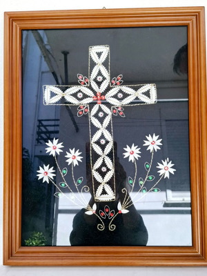 Framed handmade cross from silkworm cocoon like new