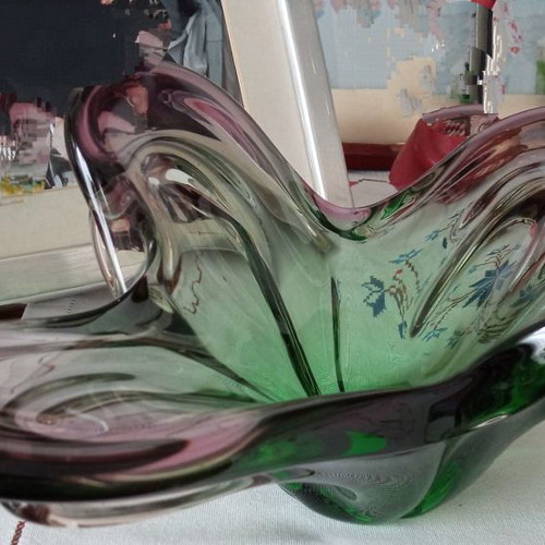 Murano bowl used, glass bicolor green-pink