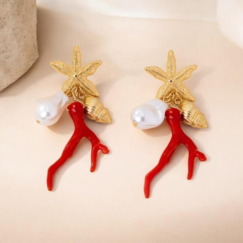 Earrings new, large, red and gold summer style