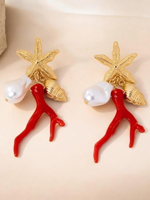 Earrings new, large, red and gold summer style