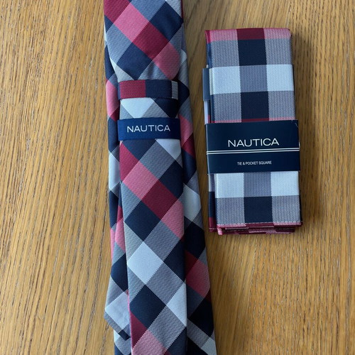 Nautica tie and pocket square set new checkered blue, red