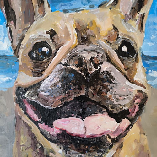 Painting Happy French Bulldog on the Beach acrylic, like new