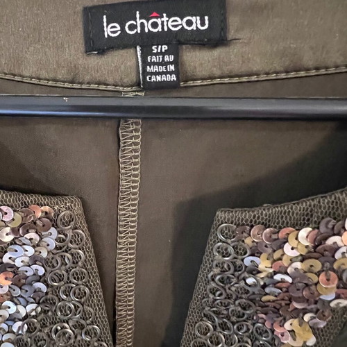 Le Chateau sleeveless satin top with sequins, olive