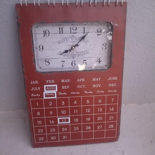 Metal wall clock calendar, vintage style, red