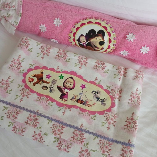Baby set caramel and sheet with Masha and the Bear theme, handmade