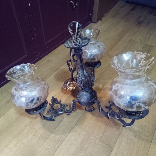 Brass ceiling light with three arms and glass lampshades like new