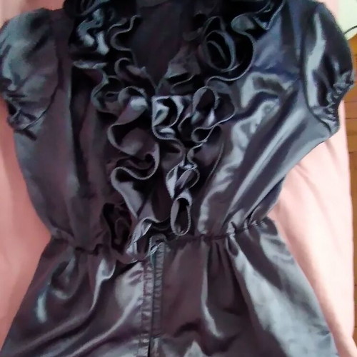 Women's satin blouse dark gray-blue with ruffles size L like new