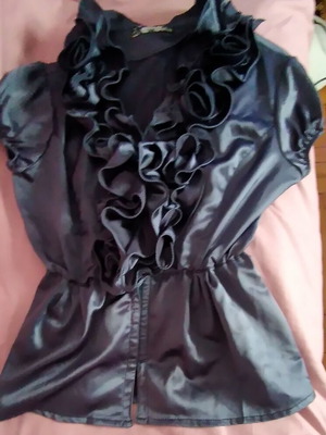 Women's satin blouse dark gray-blue with ruffles size L like new