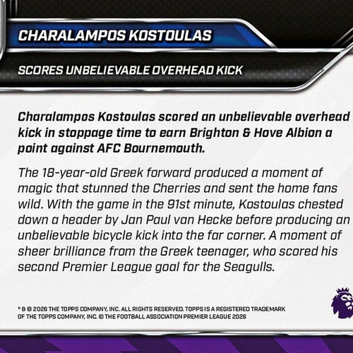 Topps Now 25-2026 EPL Premier League 113 Charalampos Kostoulas Brighton new