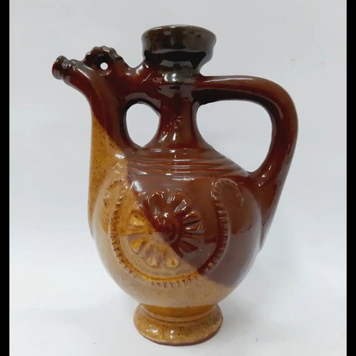 Vintage Troyan Ceramic Jug handpainted, brown and beige, 14 cm