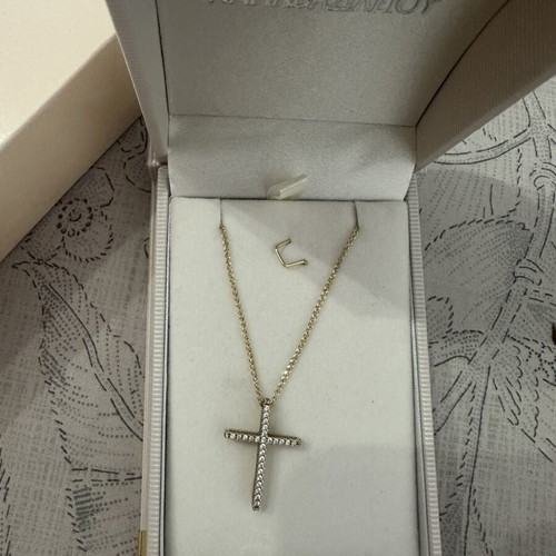 14k gold cross pendant with 9k long chain, reversible design
