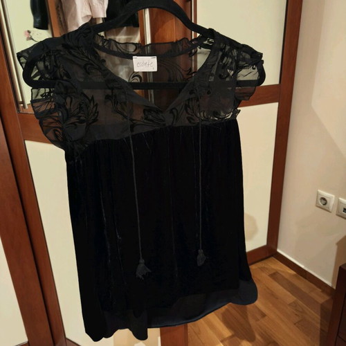 Evening velvet blouse with transparency, short sleeve, like new, black, size S