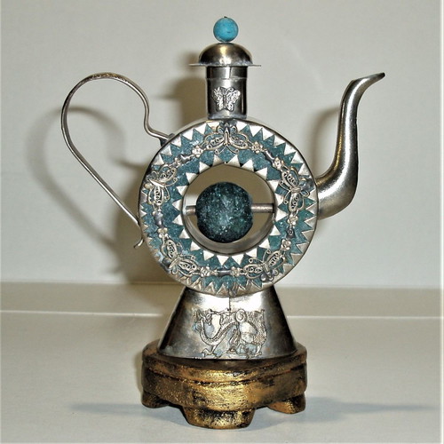 Asian antique vessel for essential oils with nephrite and turquoise used