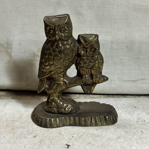 Vintage brass decorative sculpture with two owls on branch, used
